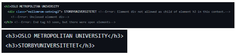 Bildet  som viser feil og retting av div i h3